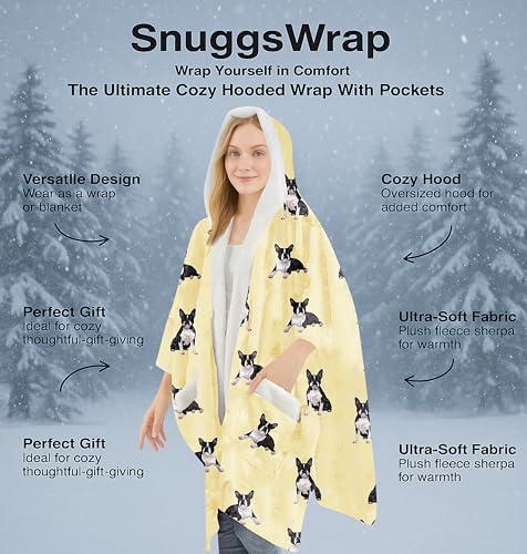 E&S Pets Sherpa Wearable Blanket Hoodie for Women – Soft Fleece Snuggs Wrap – 32 Dog & Cat Breeds – Warm Pet Lover Gifts - color: Boston Terrier