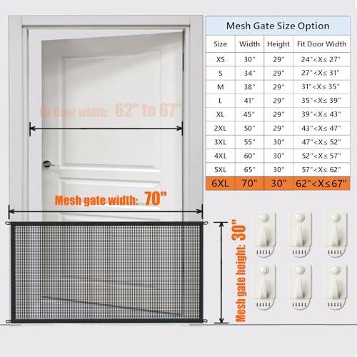 Magic Mesh Dog Gate for Doorways – Indoor Pet Gate 30"x70" for Kitchen, Stairs, Hallway, Fits 64–66" Wide Openings - size: 30"Hx70"W(Pack of 1)
