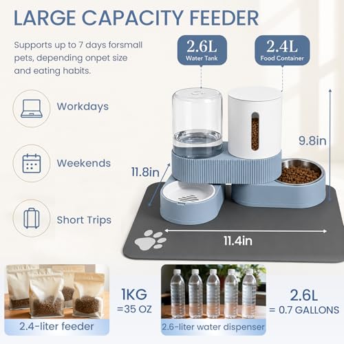 Gravity Cat Feeder and Water Dispenser 2 Pack Automatic Stainless Steel Feeder Bowls with Silicone Mat and Brush Set, Dry Food and Water Dispenser for Cats Small Medium Dogs(Blue) - color: Blue-With mat/brush