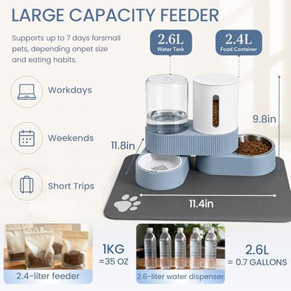 Gravity Cat Feeder and Water Dispenser 2 Pack Automatic Stainless Steel Feeder Bowls with Silicone Mat and Brush Set, Dry Food and Water Dispenser for Cats Small Medium Dogs(Blue) - color: Blue-With mat/brush