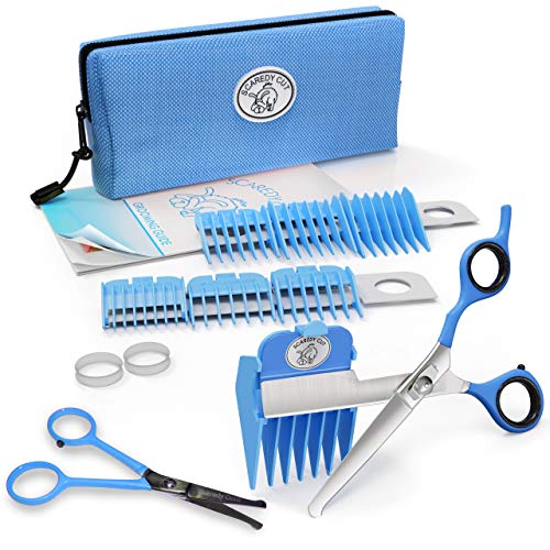 Scaredy Cut NO Buzz Dog Clippers, Tiny Trim Safety Scissor. A Silent Low Noise Pet Grooming Clipper, Right Handed Blue - color: 17pc Th + Tiny Trim Blue