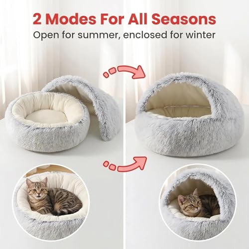 Cozy Zipper Convertible Cat Bed Cave, 2 in 1 Round Plush Donut Dog Bed with Removable Hood, Warm Fuzzy Enclosed Pet Nest Bed for Small Dogs Kittens, Machine Washable (Grey, 19.7 in Small Size) - color: Grey, size: 19.7 in Small Size