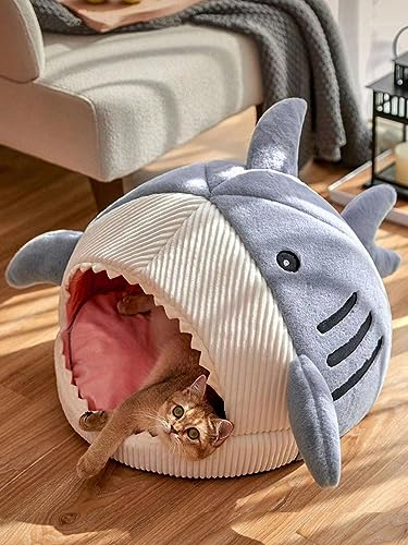 QWINEE Cat Mat Shark-Shaped Kennel Kitten Bed Hideout House Warm Soft Comfortable Semi-Closed Cat Dog Nest Blue L - color: Blue, size: Large
