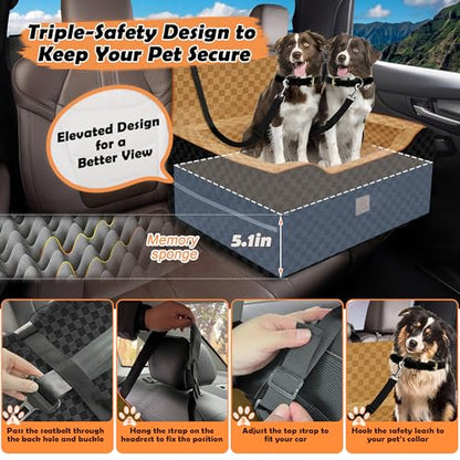 Large Dog Car Seat for Back Seat – Removable Dog Booster Seat & Washable Pet Car Seat for Medium & 2 Small Dogs up to 60lbs – Safety Straps & Storage Pocket – Travel & Home Use (Black/Brown) - color: Medium-Black/Brown