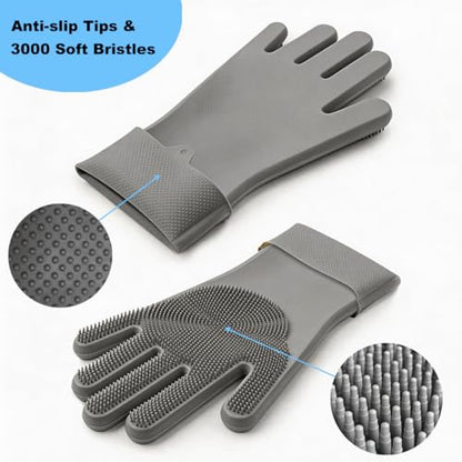 2PCS Dog Washing Gloves and Dog Bath Brush, Pet Shower Mitt with 3000 Soft Rubber Bristles, Adjustable Handle Scrubber for Bath, Massage and Grooming - color: Grey