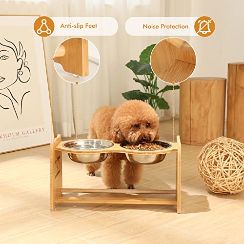 X-ZONE PET Elevated Dog Bowls for Cats and Dogs, Adjustable Bamboo Raised Dog Bowls for Large Dog, Food and Water Stand Feeder with 2 Stainless Steel Bowls Anti Slip Feet (Height 5.1" to 7.5" to 10")… - size: L- Height 5.1" up to 10"
