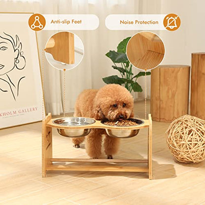 X-ZONE PET Elevated Dog Bowls for Cats and Dogs, Adjustable Bamboo Raised Dog Bowls for Large Dog, Food and Water Stand Feeder with 2 Stainless Steel Bowls Anti Slip Feet (Height 5.1" to 7.5" to 10")… - size: L- Height 5.1" up to 10"