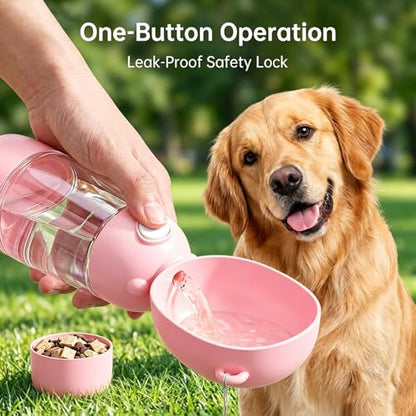 2-in-1 Dog Water Bottle, 400ML Water + 200ML Food Leak-Proof Pet Travel Water Dispenser with Detachable Bowl, BPA-Free Portable Dog Water Bottle for Walking, Hiking, Travel (Pink) - color: Pink