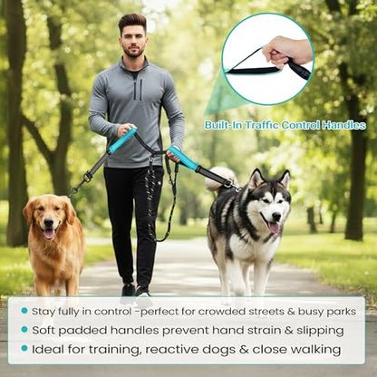 wikiRay Double Dog Leash Coupler for Walking 2 Dogs – No Tangle Dual Dog Splitter with Shock-Absorbing Bungee, Padded Traffic Handles & Reflective Stitching (Sea Green) - color: Sea Green