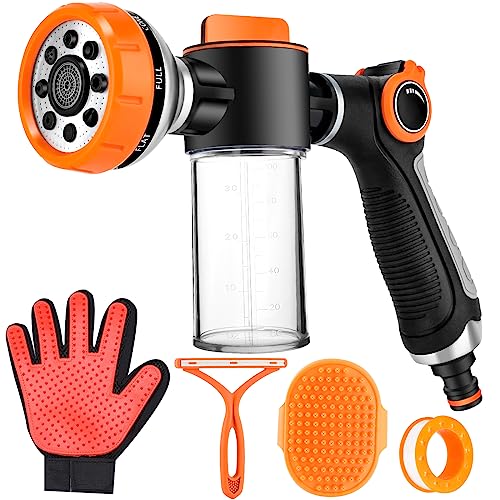 Upgrade Dog Washing Hose Attachment, 8 Spray Patterns Dog Wash with 3.5oz 100cc Soap Dispenser, Dog Washing Gloves, Dog Bath Brush, Suitable for Watering Plant, Patio, Cleaning, Showering Pet - color: Orange