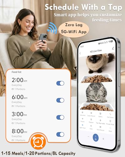 Yakry Automatic Cat Feeder for 2 Cats - Two HD Cameras Easy Setup 5GHz Stable WiFi Dog Food Dispenser with HD Night Vision - 8L Pet Feeder with Dual Bowls for Multi-Cat & Small Dogs Indoor