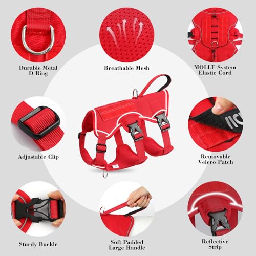 VOOPET Escape Proof Dog Harness, Soft Padded Full Body Pet Harness, Reflective No Pull Dog Harness with Handle and 2 Leash Clips for Small Dogs Walking Hiking Training (Red,S)