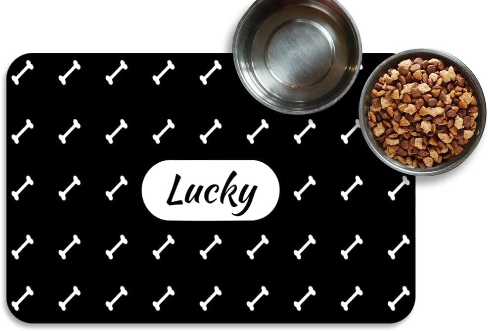 Personalized Dog & Cat Food Mat with Name | Waterproof PU Pet Bowl Mat | Non-Slip Rubber Bottom | Easy Clean | 3 Sizes (24"×16", 30"×20", 36"×24") (Dot) - color: Bone