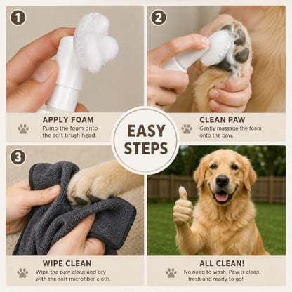 2 for 1 Dog Paw Cleaner Kit for Dogs & Cats – No-Rinse Paw Cleaning Foam, Microfiber Towel & Waste Bag Rolls – Portable Muddy Paw Cleaner Set for Indoor & Outdoor Use