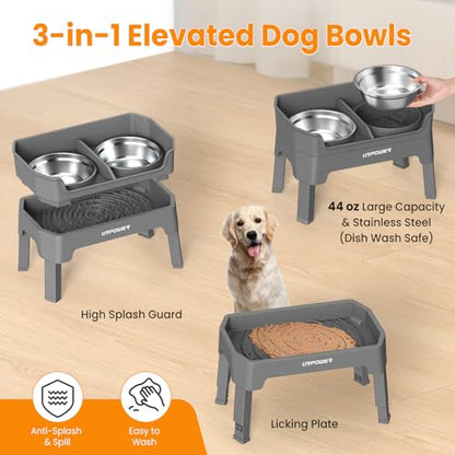 URPOWER 3-in-1 Elevated Dog Bowls - Mess Proof Double Deck 4 Height Adjustable Raised Stand with 2 Stainless Steel Food Bowls & Licking Plate for Small, Medium & Large Dogs - color: Grey, size: Large