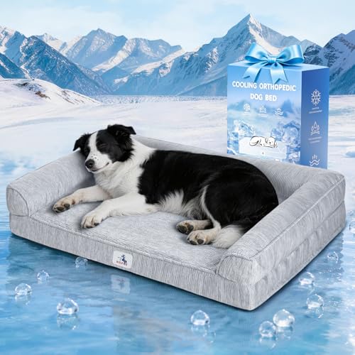 Cooling Dog Bed Medium Size Dogs, Orthopedic Dog Bed with Pillow Memory Foam Waterproof Couch Removable Cover Washable Nylon Pet Sofa with Non Slip Bottom Indoor Outdoor (36" Grey) - color: Frosted Grey, size: 36x27x6.5inch