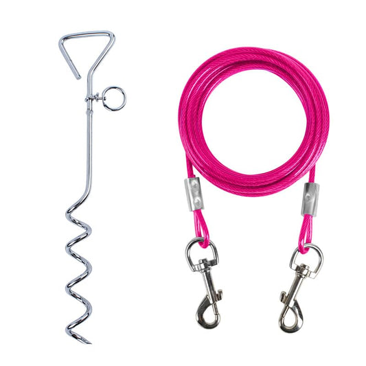 Dog Leash and Wooden Stake Set, Suitable for Large Dogs in Yards, Outdoor Dog Ground Anchor, Used for Yard Camping, Parks, Beaches (Pink) E
