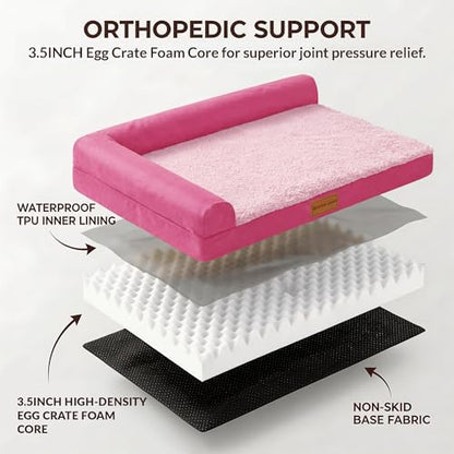 Patas Lague Orthopedic Dog Bed Large Sized Dog 36''X24'', Waterproof L Bolster Medium Pet Sofa Beds with Removable Washable Cover, Soft Pet Couch Crate Mat with Nonskid Bottom, Pink - color: Pink, size: 36"L x 24"W x 3.5"Th