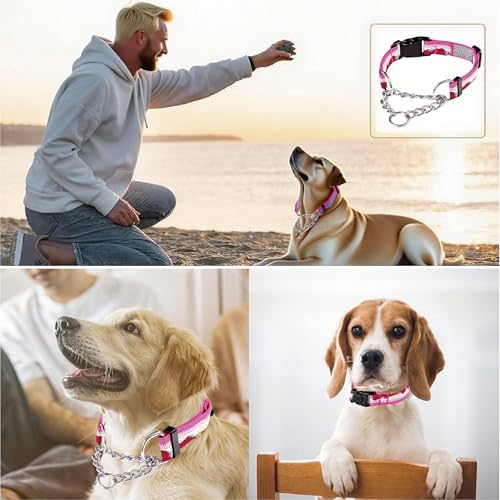 Martingale Dog Collars with Stainless Steel Chain, Reflective No Pull Walking Training Collar with Quick Release Buckle, Adjustable Slip Chain Nylon Dog Collars for Small Medium Large Dogs - color: Pink and white, size: Small