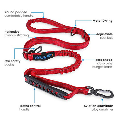 IOKHEIRA Multifunctional Dog Leash for Medium & Large Dogs - Red Adjustable With Car Seatbelt, 4-6 FT Strong Bungee - color: Red