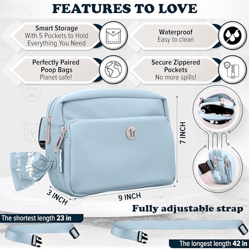 Puppington 3-in-1 Crossbody Dog Walking Bag & Treat Pouch with Matching Planet Safe Poop Bags & Built-In Dispenser - Dog Mom Gift for Puppy Training with Zippered Pockets (Ice Blue) - color: Ice Blue