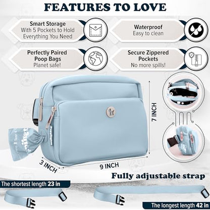 Puppington 3-in-1 Crossbody Dog Walking Bag & Treat Pouch with Matching Planet Safe Poop Bags & Built-In Dispenser - Dog Mom Gift for Puppy Training with Zippered Pockets (Ice Blue) - color: Ice Blue