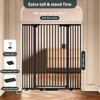51'' Extra Tall Cat Gate 30-49.2'' Wide for Doorways Hallways, Pressure Mounted Pet Barrier Dog Gates No Drilling Auto Close, Cat Fence Indoor Climb Proof (Black) - size: 30''-49.2''Wide