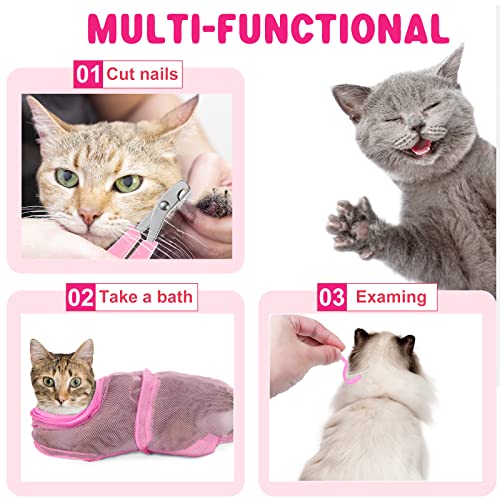 9 Pcs Cat Bathing Bag Set Cat Shower Bag Anti Bite and Scratch for Pet Grooming Washing Brush Comb Muzzle Nail Clipper Nail File Tick Tool(Pink) - color: Pink
