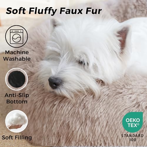 Calming Round Dog Bed & Cat Bed with Anti-Slip Bottom, Medium Size Washable Anti-Anxiety Donut Dog Beds for Small Dogs & Cats, Fluffy Plush Soft Dog Bed(24 Inch, Light Brown) - color: Light Brown, size: 24"l x 24"w x 8"th