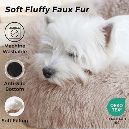 Calming Round Dog Bed & Cat Bed with Anti-Slip Bottom, Medium Size Washable Anti-Anxiety Donut Dog Beds for Small Dogs & Cats, Fluffy Plush Soft Dog Bed(24 Inch, Light Brown) - color: Light Brown, size: 24"l x 24"w x 8"th