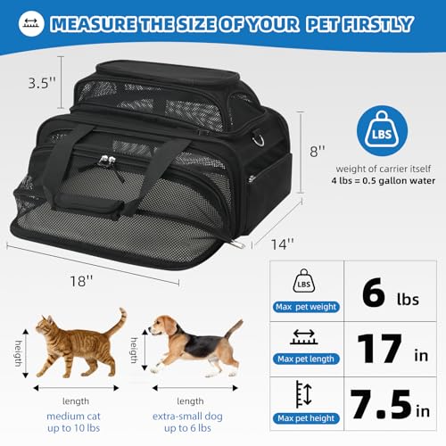 pidipiti 18x14x8 TSA Approved,top and Side Expandable pet Carrier for Extra-Small Dog Under 6 lbs,or Medium cat Under 10 lbs,for Airlines only Have 8'' Height Space underseat