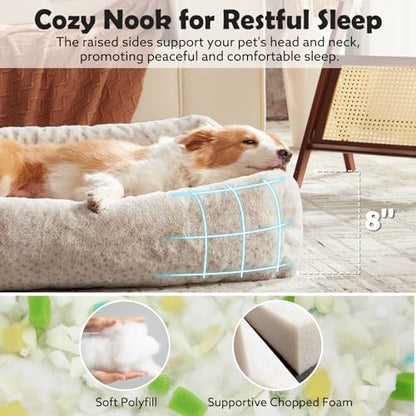 JOEJOY Large Dog Beds Large Sized Dog, Removable Washable Cover Orthopedic Soft Faux Rabbit Fur Pet Bed, Anti-Slip Fluffy Plush Faux Rabbit Fur Puppy Bed, 36"x27"x8", Leopard Print, Beige - color: Beige, size: L (36"x27"x8")