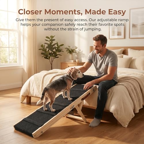 Wooden Dog Ramp for Bed – Folding Pet Ramp for Couch | Collapsible Wooden Pet Ramp, 4 Adjustable Heights, Non-Slip High Traction Fabric Surface, Portable Solid Pine Wood Steps - size: Medium