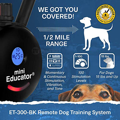 Educator ET-300 Black Mini E Collar for Dog Training with Remote - 1/2 Mile Range, Waterproof, 100 Blunt Stimulation Levels, Tone or Vibration Mode, Night Light Tracking for Small, Medium & Large Dogs - size: 1-Dog (ET-300 Black)