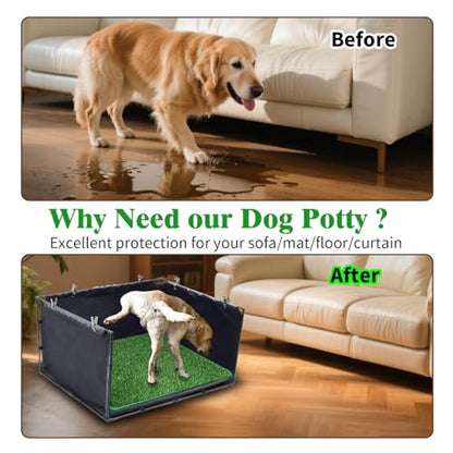 High Walls Dog Pee Pad Holder with Artificial Grass-Foldable Indoor Dog Potty Tray,Waterproof Pee Pad Holder for Small to Medium Dogs,Portable Litter Box with Washable Grass Mat 34.64"*28.34"*17.72"