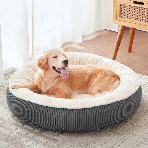 36 inches Donut Dog Bed for Large Dogs - Calming Round Pet Bed with Removable&Washable Cover, Plush Faux Fur & Corduroy, Fits Pets up to 80 lbs(Dark Grey, Large) - color: Dark Grey, size: 36.0"L x 36.0"W x 8.0"Th