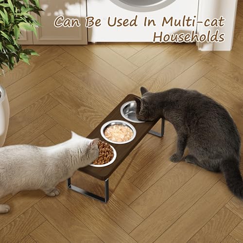 Elevated Cat Bowls with 3 Stainless Steel Bowls | 10° Tilted Anti-Vomiting Raised Cat Food Bowl for Small Cats and Puppies Pet Bowl with Stand（Walnut Color） - color: Walnut color
