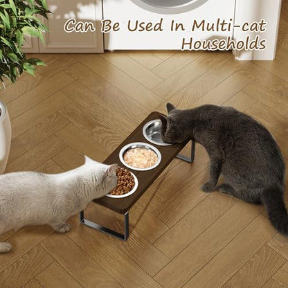 Elevated Cat Bowls with 3 Stainless Steel Bowls | 10° Tilted Anti-Vomiting Raised Cat Food Bowl for Small Cats and Puppies Pet Bowl with Stand（Walnut Color） - color: Walnut color