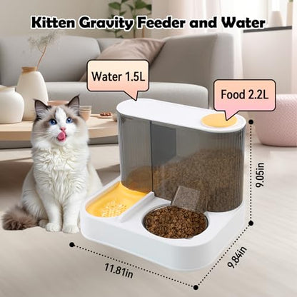 2 in 1 Automatic Cat Feeder and Water Dispenser Combo,All-in-One Dog Food and Water Dispenser Set with Stainless Steel Food Bowl Detachable Gravity Feeder for Cat Kitten Small Dog(Yellow) - color: 【Yellow】