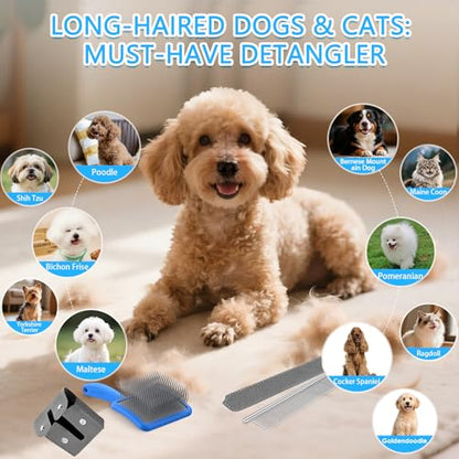 Large Slicker Brush, 2Pc Doodle Grooming Kit with Comb,Blue | With two leather protective covers; ideal for Poodles, Labradoodles; extra long pin; premium wooden handle; removes mats. - color: Blue