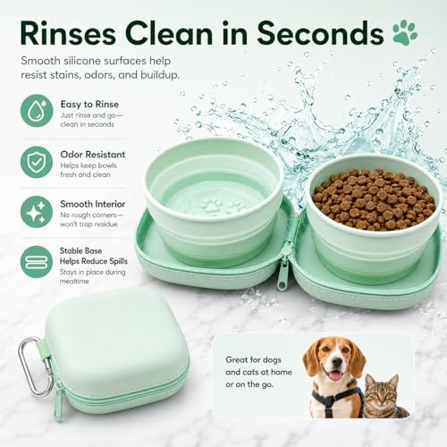 ZBBOPQ Portable Dog Bowl, Collapsible 2-in-1 Travel Dog Bowls with Carabiner Clip, Silicone Double Pet Food and Water Dish for Outdoor Camping and Hiking (Green) - color: Green