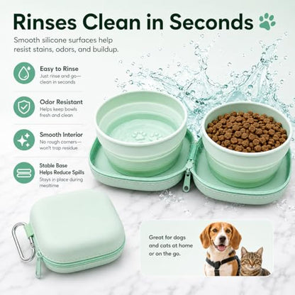 ZBBOPQ Portable Dog Bowl, Collapsible 2-in-1 Travel Dog Bowls with Carabiner Clip, Silicone Double Pet Food and Water Dish for Outdoor Camping and Hiking (Green) - color: Green