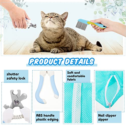 8 Pcs Cat Muzzle Set with Adjustable Cat Bathing Bag, Breathable Muzzle Pet for Shower Grooming Brush Tick Remover Tool Nail Clipper Nail File for Dog, Bunny Cleaning Trimming(L Size,Blue) - size: L Size