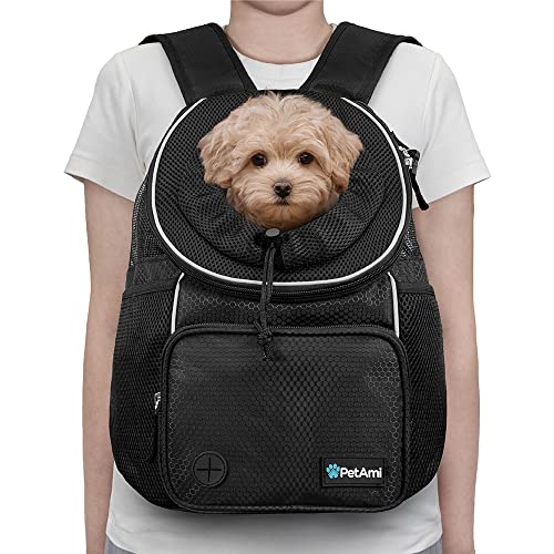 PetAmi Adjustable Dog & Cat Chest Carrier Backpack, Ventilated for Hiking, Camping & Travel, Max 10 lbs, Black - color: Black, size: 15.5"L x 8.0"W x 15.0"H