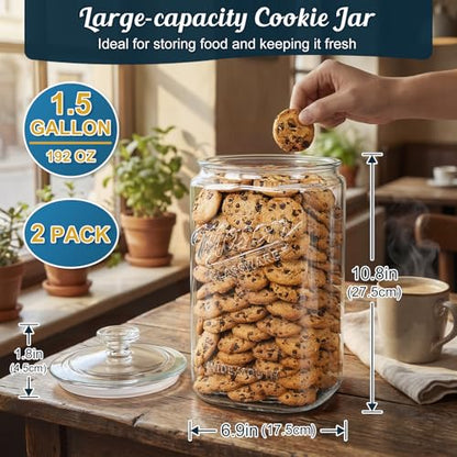 [NEW] Cookie Jars with Lids Airtight, 1.5 Gallon Large Glass Jar with Lid & Scale Mark, Heavy Duty Glass Canisters for Kitchen Counter, Pantry, Wide Mouth Mason Jar for Sugar, Dog Treat-2 PCS