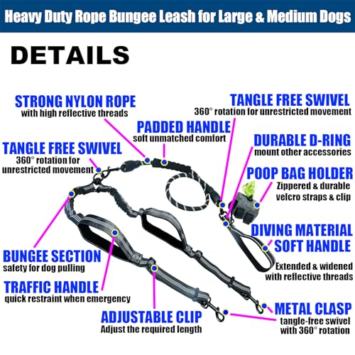 Double Dog Leash - Hands Free Dog Leash Crossbody & Waist for Dog Walking - Tangle-Free Bungee & Padded Handles for Medium & Large Dogs, Black