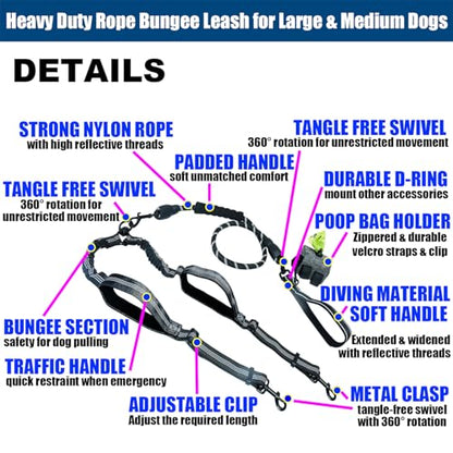 Double Dog Leash - Hands Free Dog Leash Crossbody & Waist for Dog Walking - Tangle-Free Bungee & Padded Handles for Medium & Large Dogs, Black