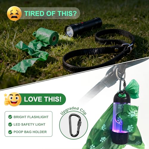 Tubasion 3-in-1 Dog Poop Bag Holder with Flashlight 7-Color, USB-C Rechargeable doggie bag holder for leash, IPX6 Waterproof Anti-Slip Clip Pet Waste Bag Dispenser for Walking (2 Dispensers, 60 Bags) - style: 2 Dispensers, 60 Bags