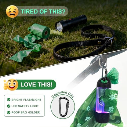 Tubasion 3-in-1 Dog Poop Bag Holder with Flashlight 7-Color, USB-C Rechargeable doggie bag holder for leash, IPX6 Waterproof Anti-Slip Clip Pet Waste Bag Dispenser for Walking (2 Dispensers, 60 Bags) - style: 2 Dispensers, 60 Bags