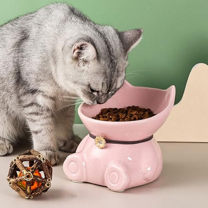 Disoza Ceramic Raised Cat Bowls for Indoor Cats 5.8 Inch Pink Cute Elevated Food Bowls 15° Tilted Whisker Friendly Water Bowl Dishwasher Safe Puppy Feeding Set Supplies Dog Accessories - color: Pink Cute Elevated Cat Food Bowls
